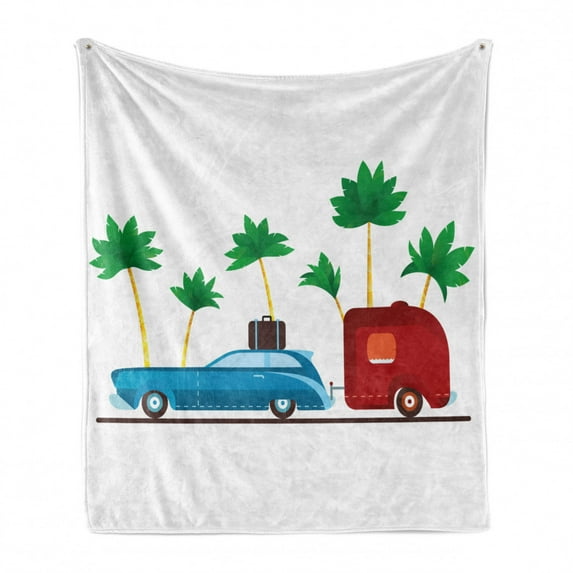 Happy Camper Soft Flannel Fleece Throw Blanket, Colorful Travel Cartoon Tropical Palm Trees with Retro Vehicle and Suitcase, Cozy Plush for Indoor and Outdoor Use, 60" x 80", Multicolor, by Ambesonne