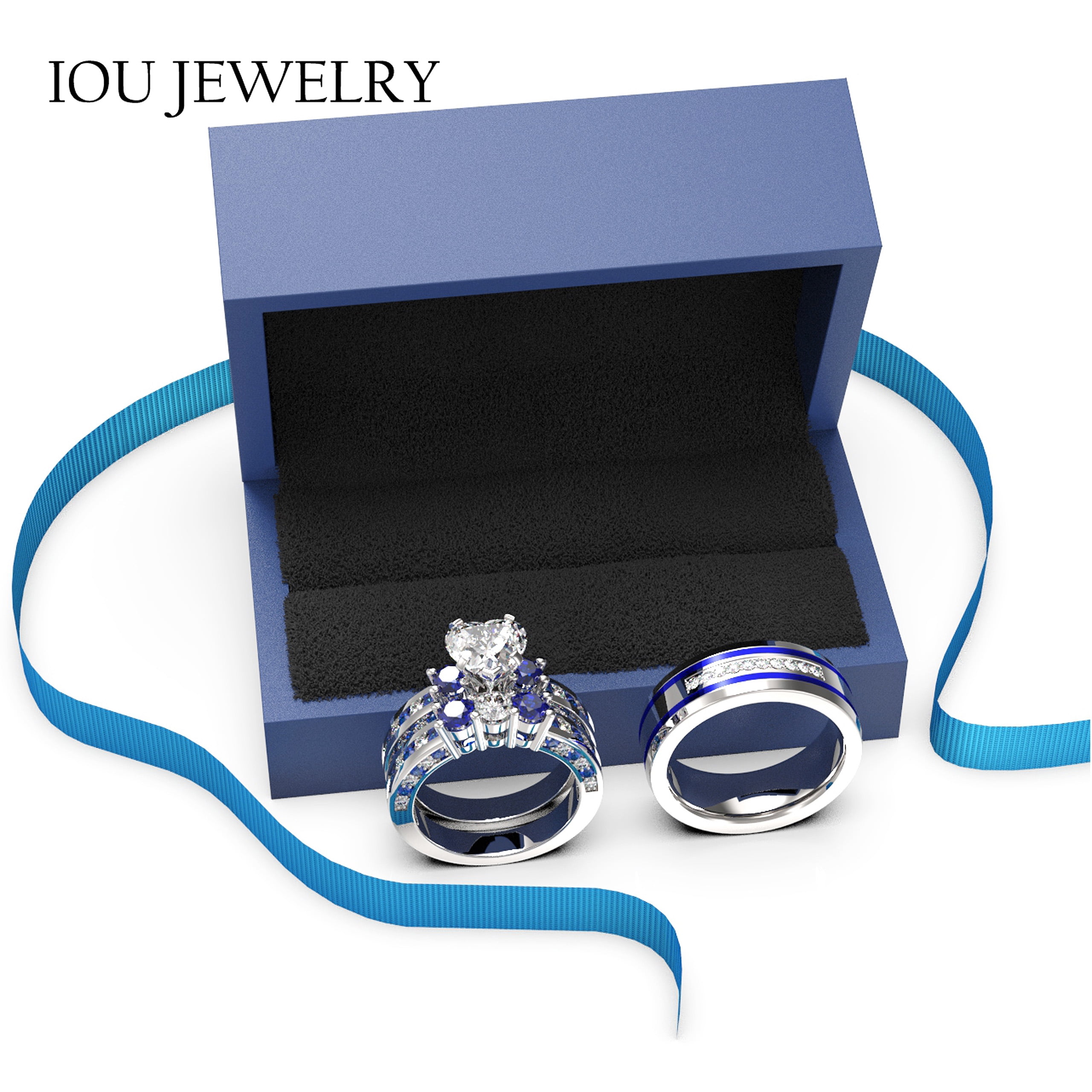 3pc Couples Wedding Ring Sets His And Hers Women Sterling Silver Blue Moissanite and men Wedding Bands Together With Ring Gift Jewelry Box