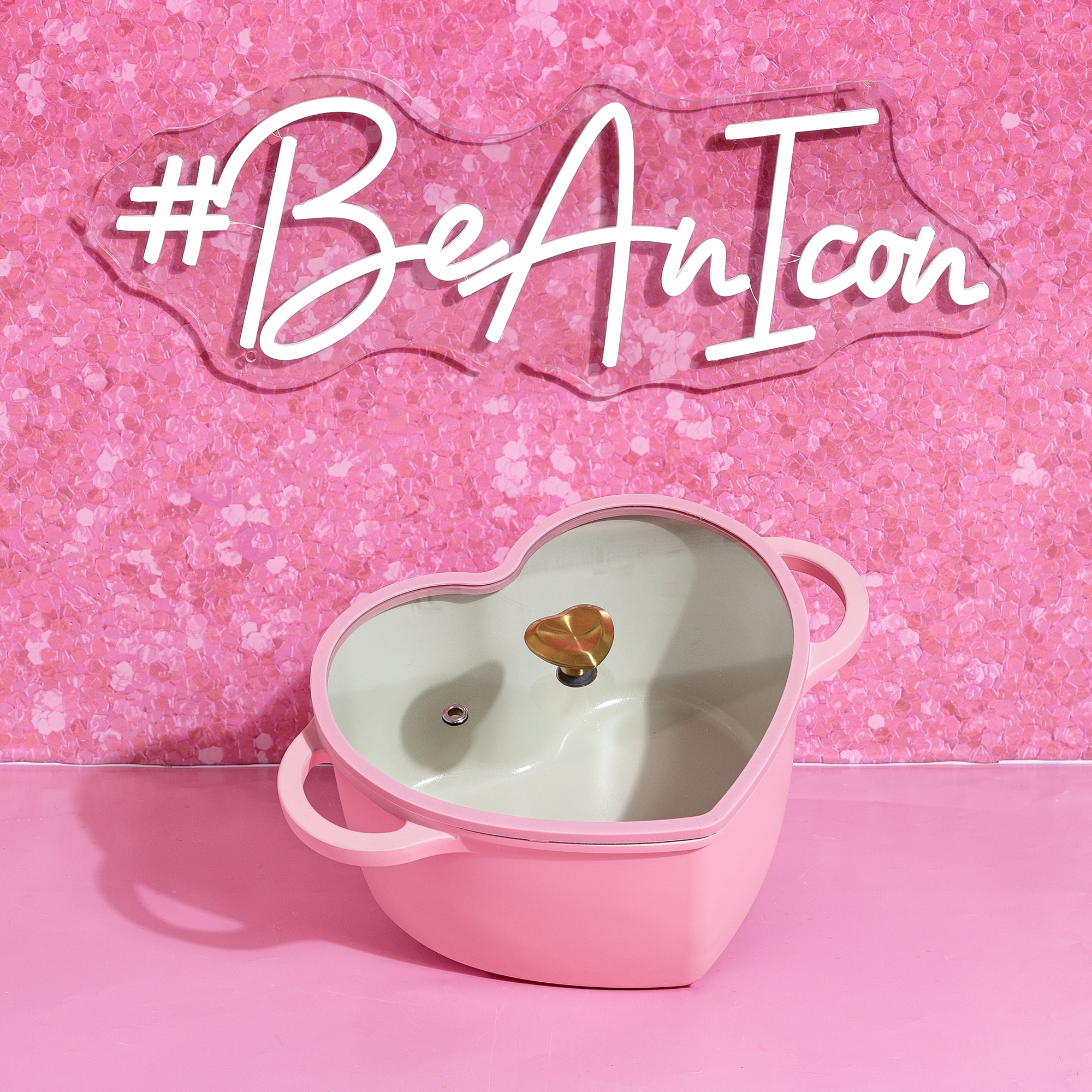 Paris Hilton 4.6 Quart Heart-Shaped Dutch Oven Pot with Lid, Clean Ceramic™ Nonstick Coating & Silicone Rim Glass Lid, Pink
