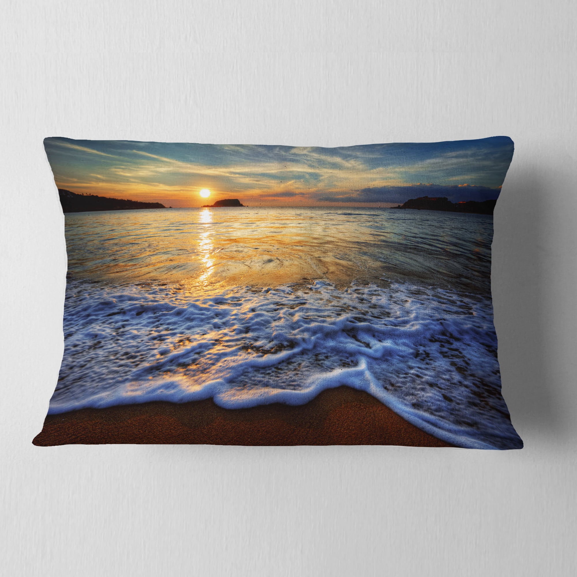Designart Peaceful Sandy Beach with Waves - Throw Pillow - 12x20
