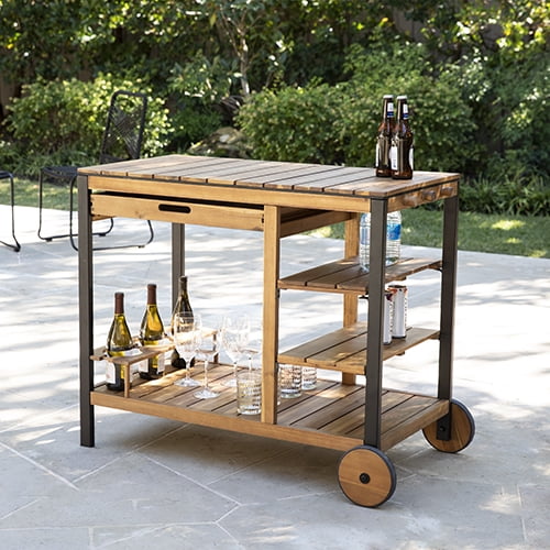 Rondly Rolling Outdoor Bar Cart,Natural Acacia and Black Finish
