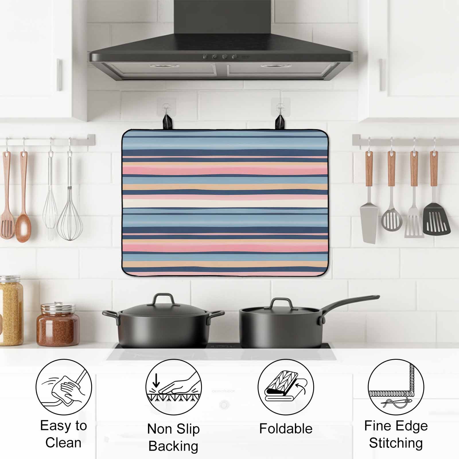 Blue Pink Striped Stove Top Cover for Electric Stove, Heat-proof & Non Slip Glass Top Stove Cover Protector, Farmhouse Vintage Stripe Kitchen Flat Cooktop Rubber Mat 24x21 Inches