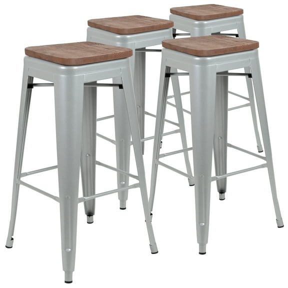 Flash Furniture Cierra 30" High Metal Indoor Bar Stool with Wood Seat in Silver - Stackable Set of 4