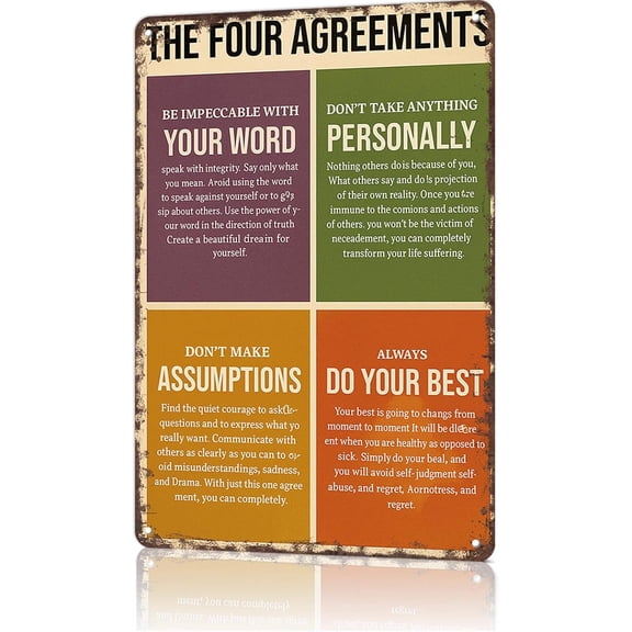 Vintage Metal Wall Art Sign The Four Agreements Quote 8 x 12 Inch Office Bedroom Bar Garage Decor
