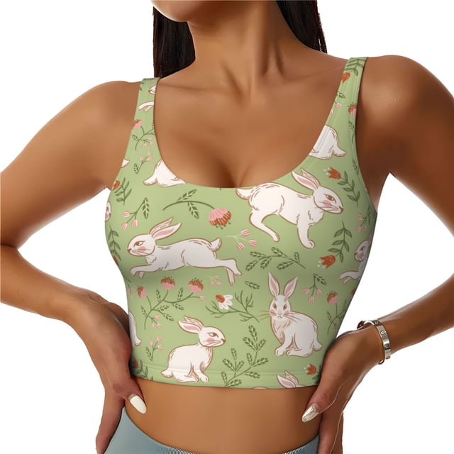Balery Cute Rabbit And Flower Sujetadores deportivos con espalda cruzada para mujer, acolchados, sin costuras, de alto impacto, ideales para yoga, gimnasio, entrenamiento y fitness.-X-Large