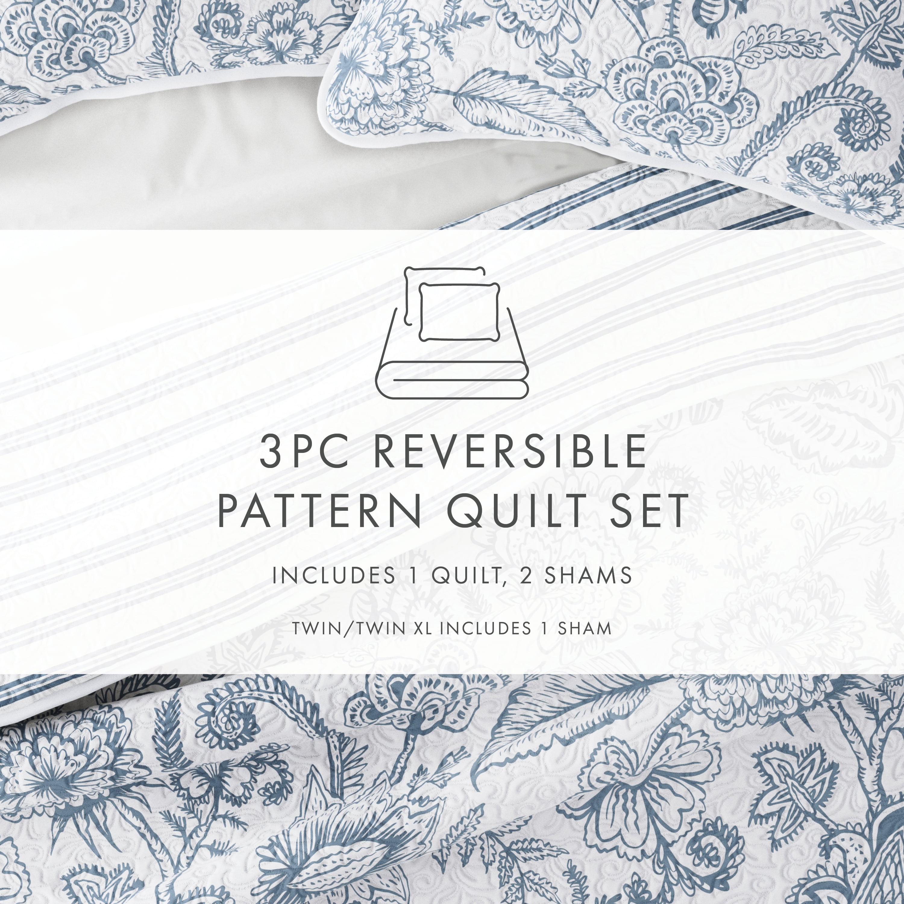 Noble Linens Dusk Blue 3 Piece Jacobean/Stripe Reversible Microfiber Quilt Set, Queen / Full