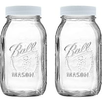 Regular Mouth 32 oz Mason Jars - (2 Pack) - Ball Regular Mouth 32-Ounces Quart Mason Jars with White M.E.M Food Storage Plastic Lids, Lids are Super Tight & LEAK PROOF