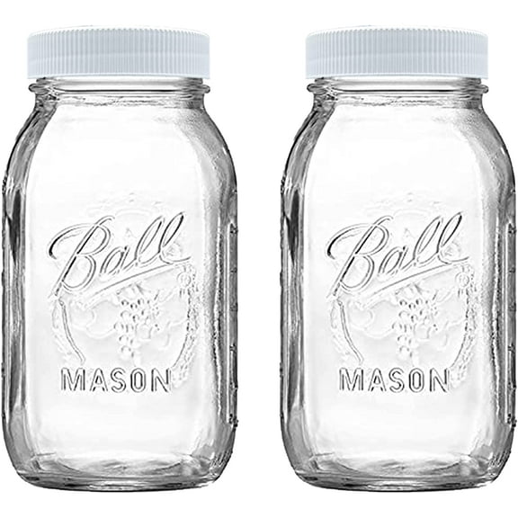 Regular Mouth 32 oz Mason Jars - (2 Pack) - Ball Regular Mouth 32-Ounces Quart Mason Jars with White M.E.M Food Storage Plastic Lids, Lids are Super Tight & LEAK PROOF