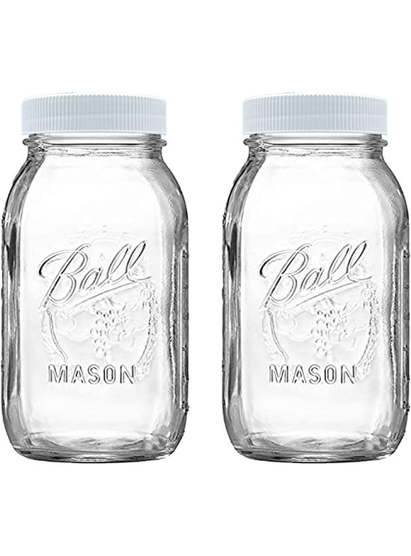 Regular Mouth 32 oz Mason Jars - (2 Pack) - Ball Regular Mouth 32-Ounces Quart Mason Jars with White M.E.M Food Storage Plastic Lids, Lids are Super Tight & LEAK PROOF