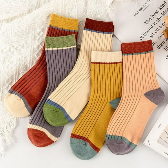 Trayknick 5 Paires de Femmes Couleur Bonbon Épissage Conception Chaussettes Mi-Tube Côtelé Respirante Chaussettes Élastiques Hautes Multicolores