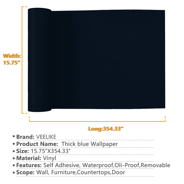 VEELIKE 15.7''x354'' Solid Navy Blue Wallpaper Peel and Stick for Bedroom Removable Matte Solid Contact Paper Self Adhesive Waterproof Thick Textured