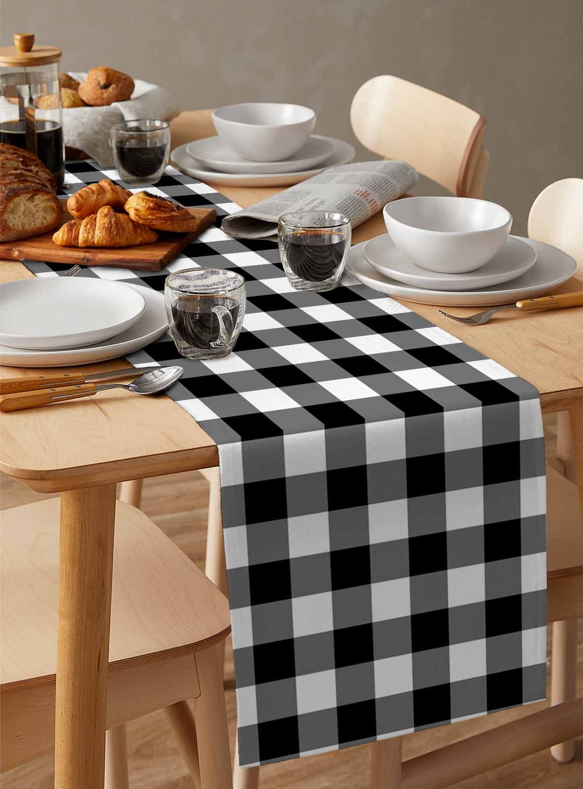 nqOlkjepod Black White Plaid Table Runner 70 Inches Long Farmhouse Dress Scarves, Gradient Geometric Buffalo Checkered Dining Tablerunner for Coffee Table/Kitchen Island/Party Décor, 13" x 70"