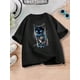 thumbnail image 1 of Camiseta negra de cuello redondo con estampado de gato que brilla en la oscuridad para niña. Camiseta informal de manga corta de verano 2025. Tejido de punto transpirable para jugar al aire libre. La, 1 of 6