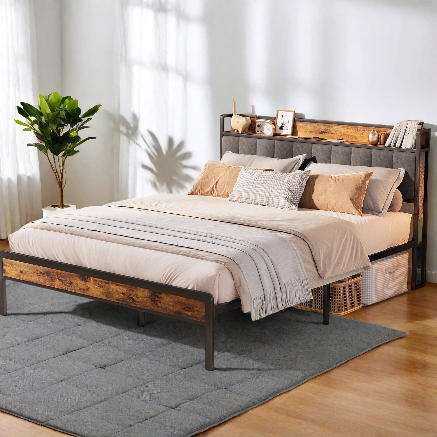 Queen Bed Frame with Headboard and Storage , Lofka Queen Bed Frame, No Box Spring Required, Noise Free,Dark Gray