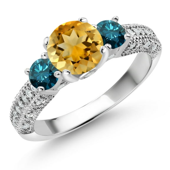 Gem Stone King 925 Sterling Silver Yellow Citrine Blue Diamond and White Moissanite Engagement Ring for Women (1.92 Cttw, Gemstone November Birthstone, Round 7MM and 4MM, Size 8)