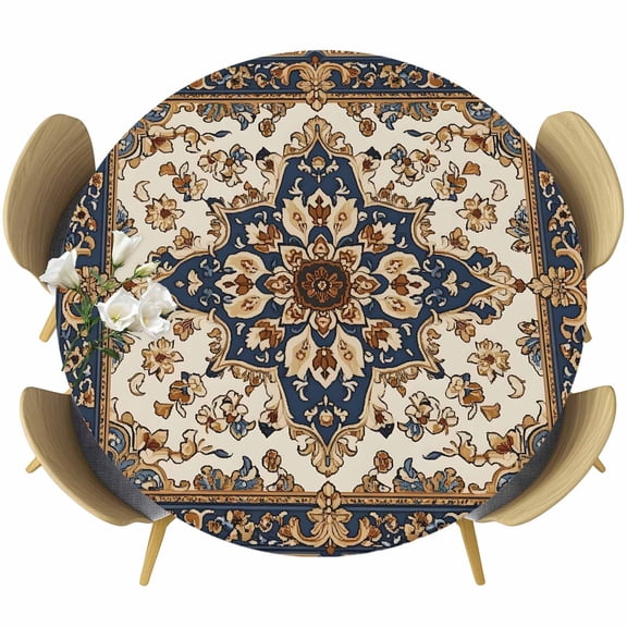 Boho Ethnic Table Cloth, Round Fitted Tablecloths with Elastic Edge, Vintage Bohemian Traditional Floral Classic Wipeable Waterproof Table Cover for Kitchen Wedding 36-44 Inches