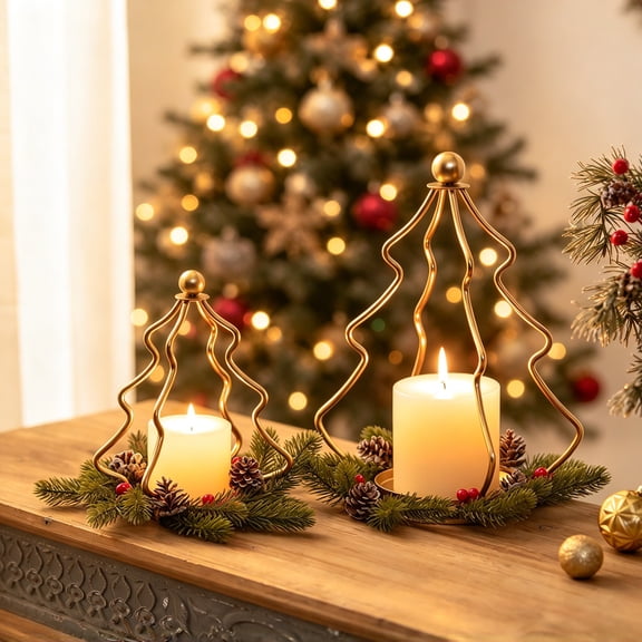 Sziqiqi Set of 2 Gold Christmas Tree Candle Holders with Artificial Pinecone Berry Wreath Metal Lantern Decor