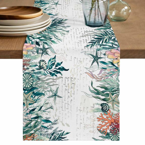 Coastal Green Seaweed Table Runner 48 Inches, Summer Beach Coral Starfish Retro Bed Runner Dresser Scarves Tabletop for Indoor Outdoor Parties/Ceremony/Banquet, 13" x 48"