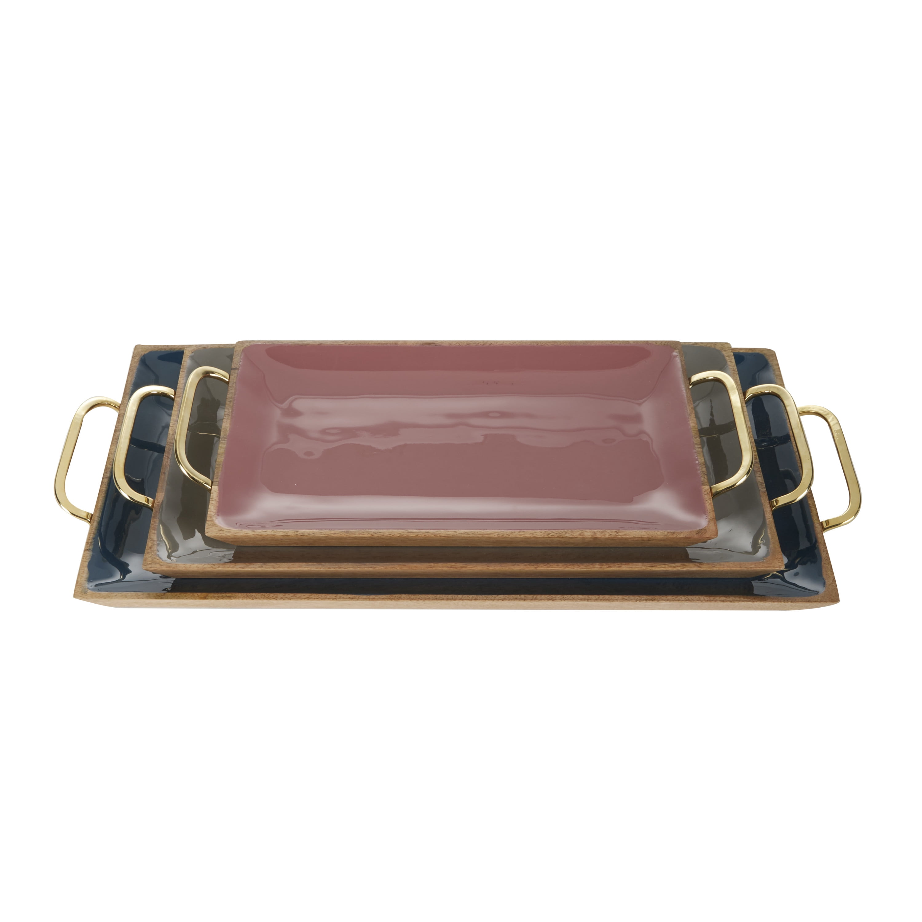 DecMode 24", 18", 15"W Multi Colored Mango Wood  Tray with Enamel Interior, 3-Pieces