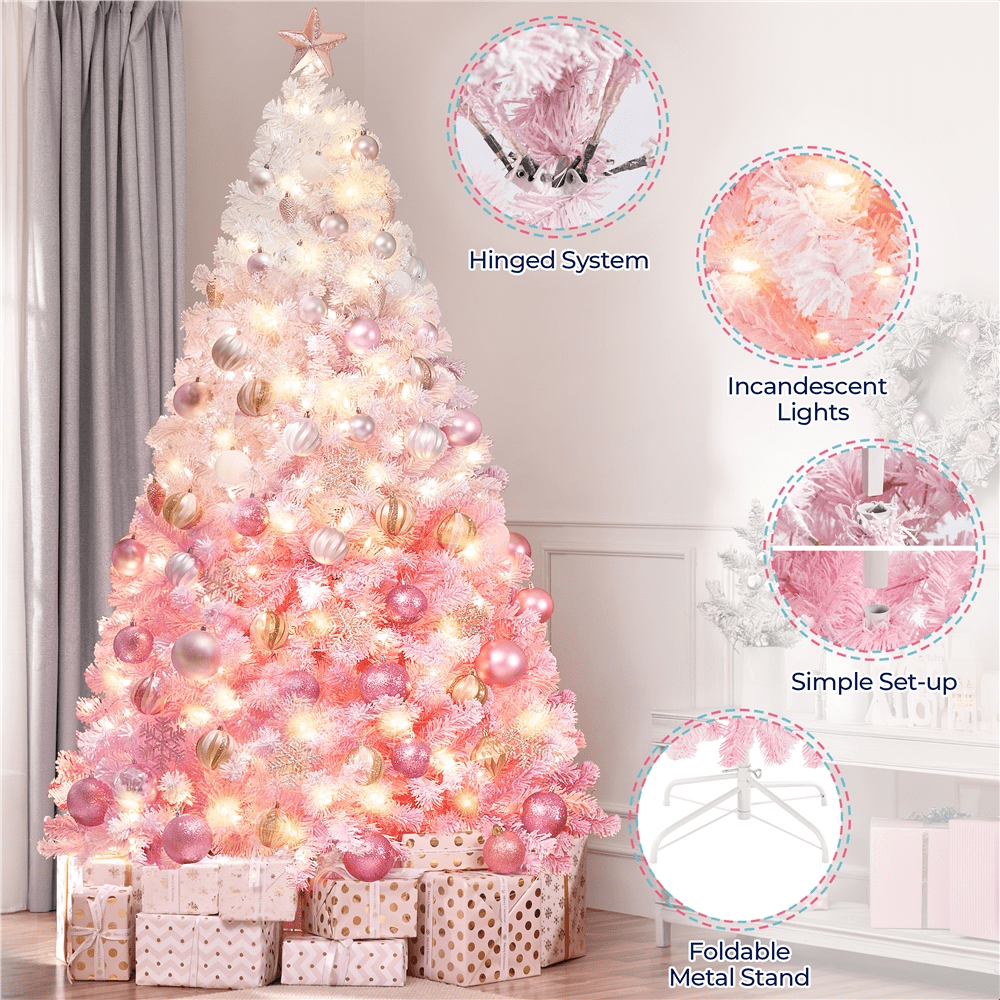 Renwick 7.5Ft Pre-lit Flocked Artificial Christmas Tree with 550 Incandescent Warm Lights, Pink Gradient