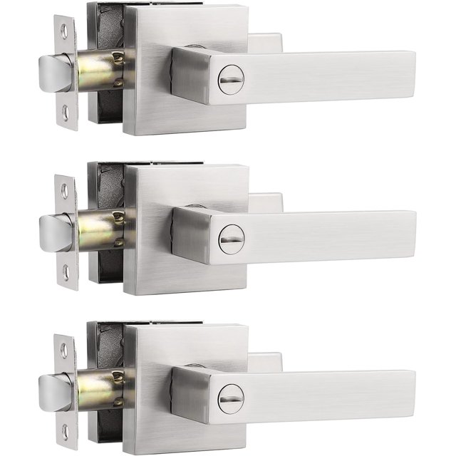 Square Privacy Door Levers Keyless Chrome Door Handle Indoor Door Handles Interior Bed/Bath Door Lever Handleset Reversible for Left Right Sided Doors