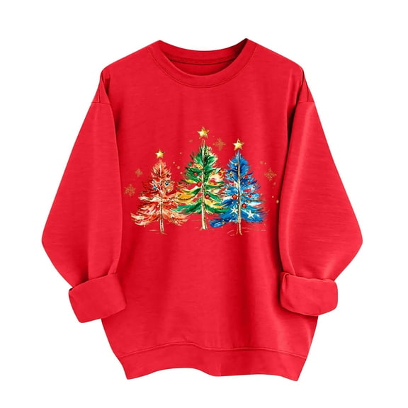 Maplenight Women's Christmas Sweatshirt Crew Neck Xmas Tree Graphic Sweatshirts Holiday Vacation Loose Casual Long Sleeve Shirts