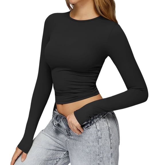 Ygbgbb Womens Long Sleeve Crop Tops Slim Fit Yoga Tops Quick Dry Stretch Gym Workout Shirts Spring Summer Fashion Outfits 2026 Teen Girl Clothes Black L