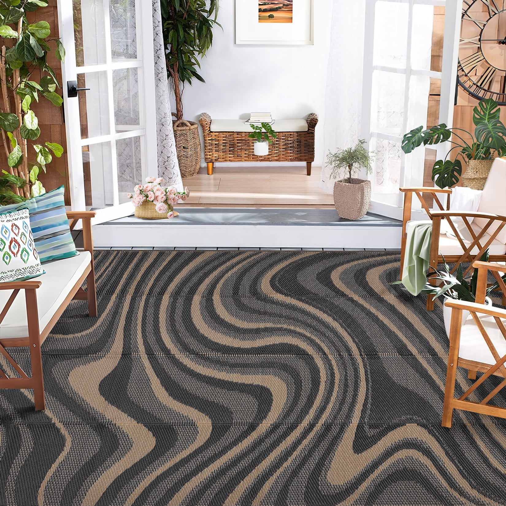 Hasoo 9' x 12' Black/Gray Outdoor Rug for Patio Decor Waterproof Plastic Straw Modern Geometric Carpet PP Tube Woven Portable Camping Mat for Picnic Balcony