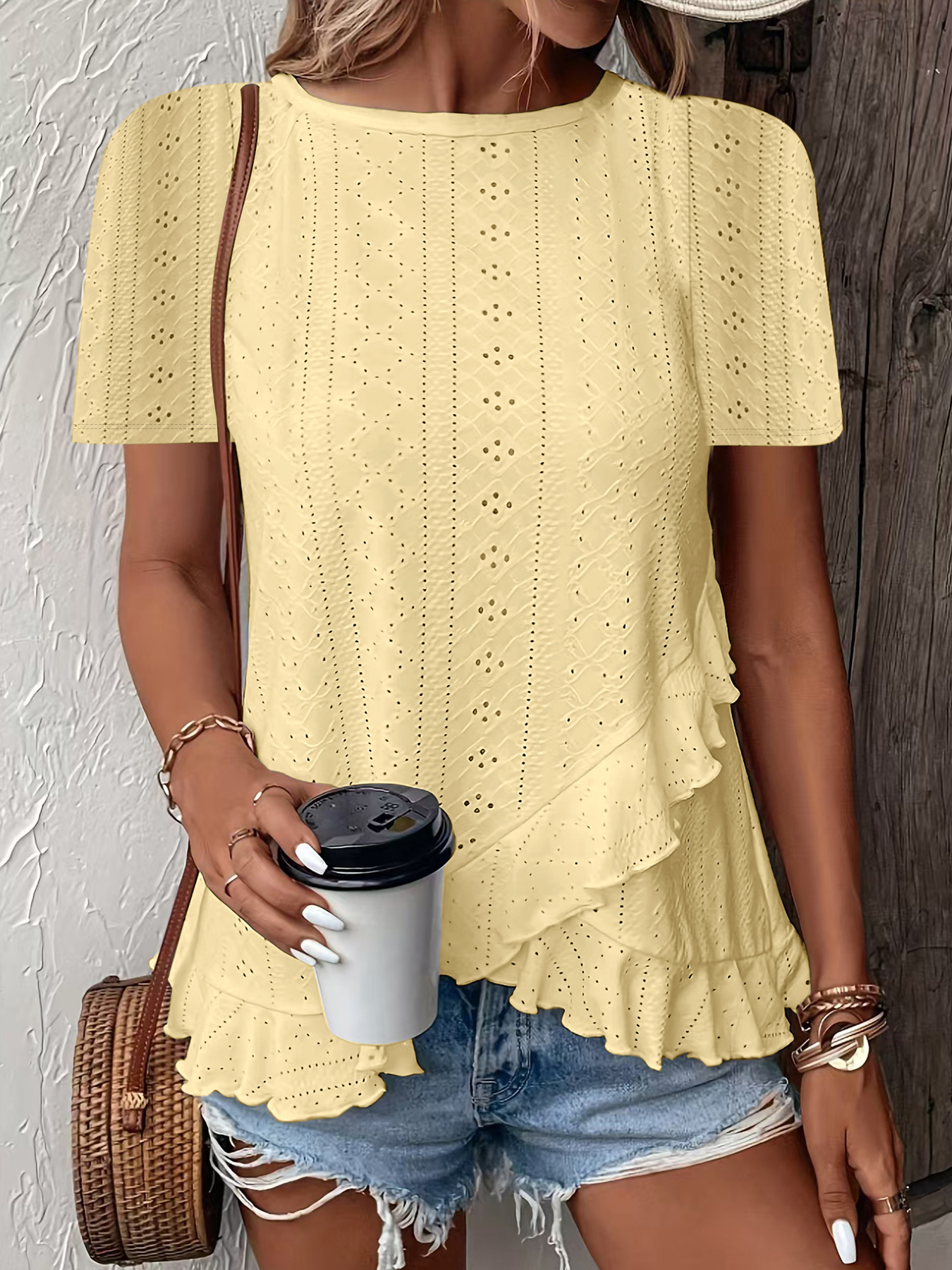 MORTTIC Women's Ruffle Hem Short Sleeve T-Shirt, Casual Summer Crew Neck Blouses Top, S
