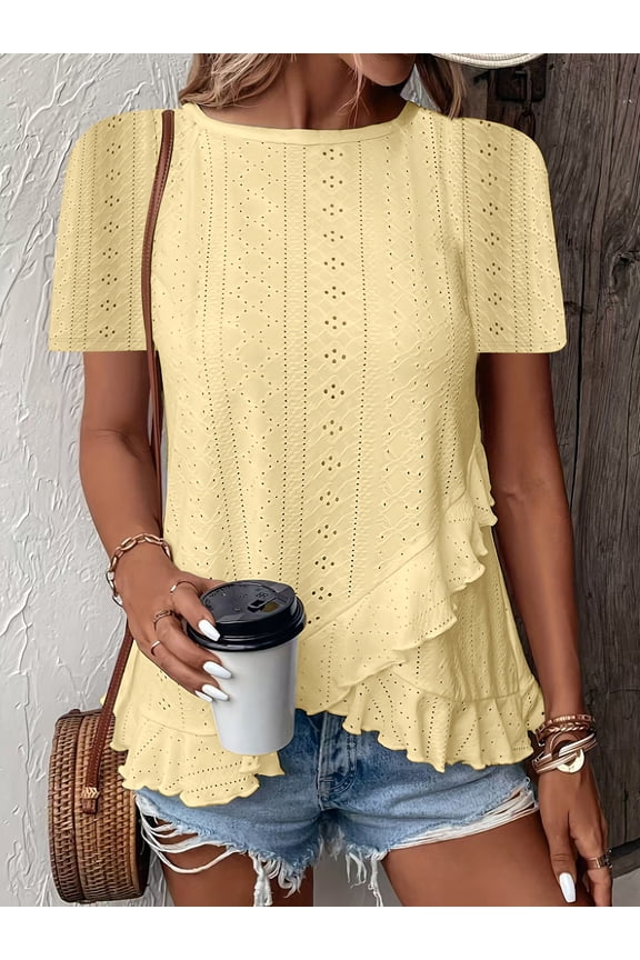 Women's Ruffle Hem Short Sleeve T-Shirt, Casual Summer Crew Neck Blouses Top, XL