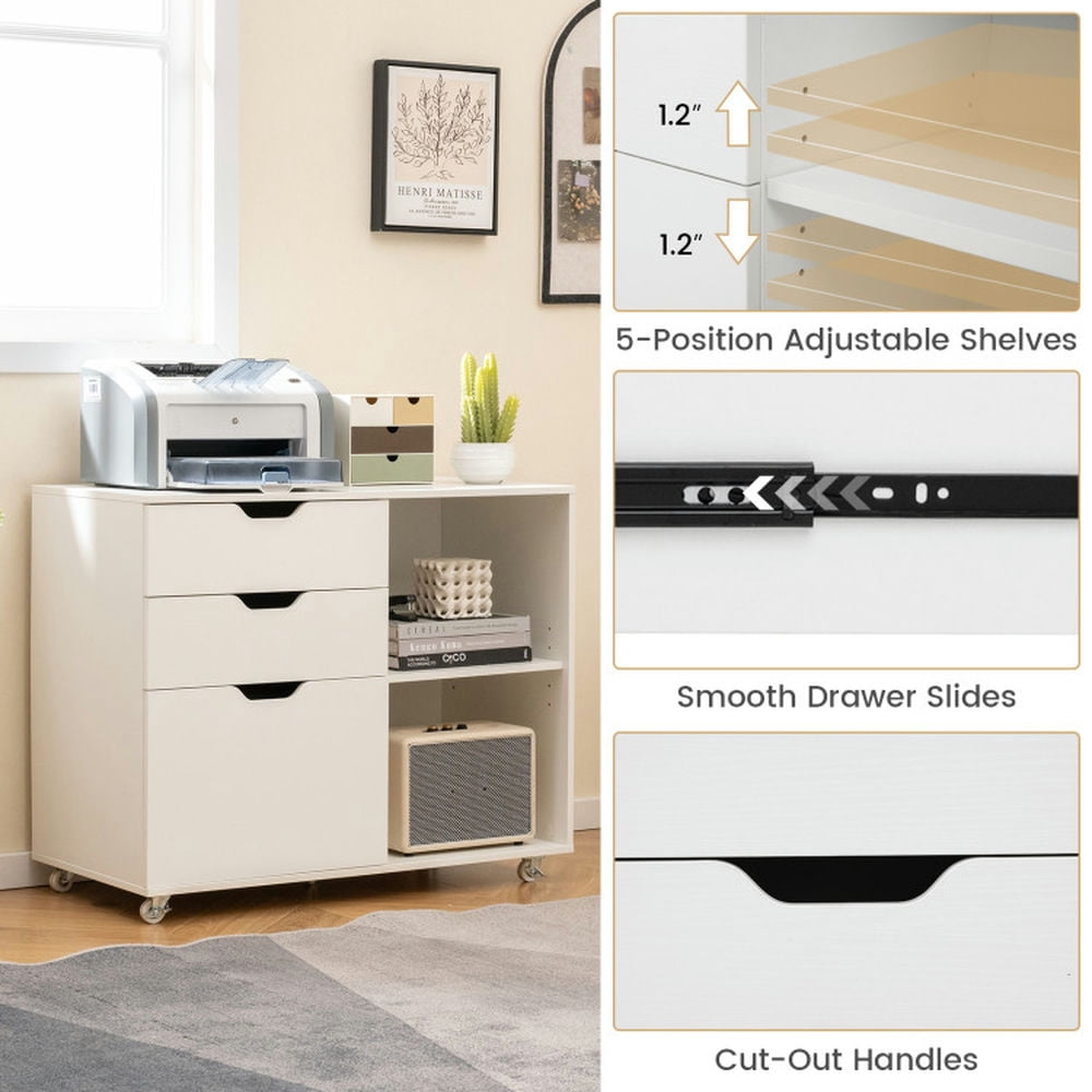 Barara King File Cabinet, File Stroage Organizer,3-Drawer File Cabinet with Adjustable Shelf and Wheels for Letter-White