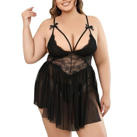 Yuhangmm Womens Plus Size Lingerie Lace Chemise Sexy Mesh Sleepwear Deep V Teddy Nightdress For Sexy Satin Underwear for Women Full Coverage