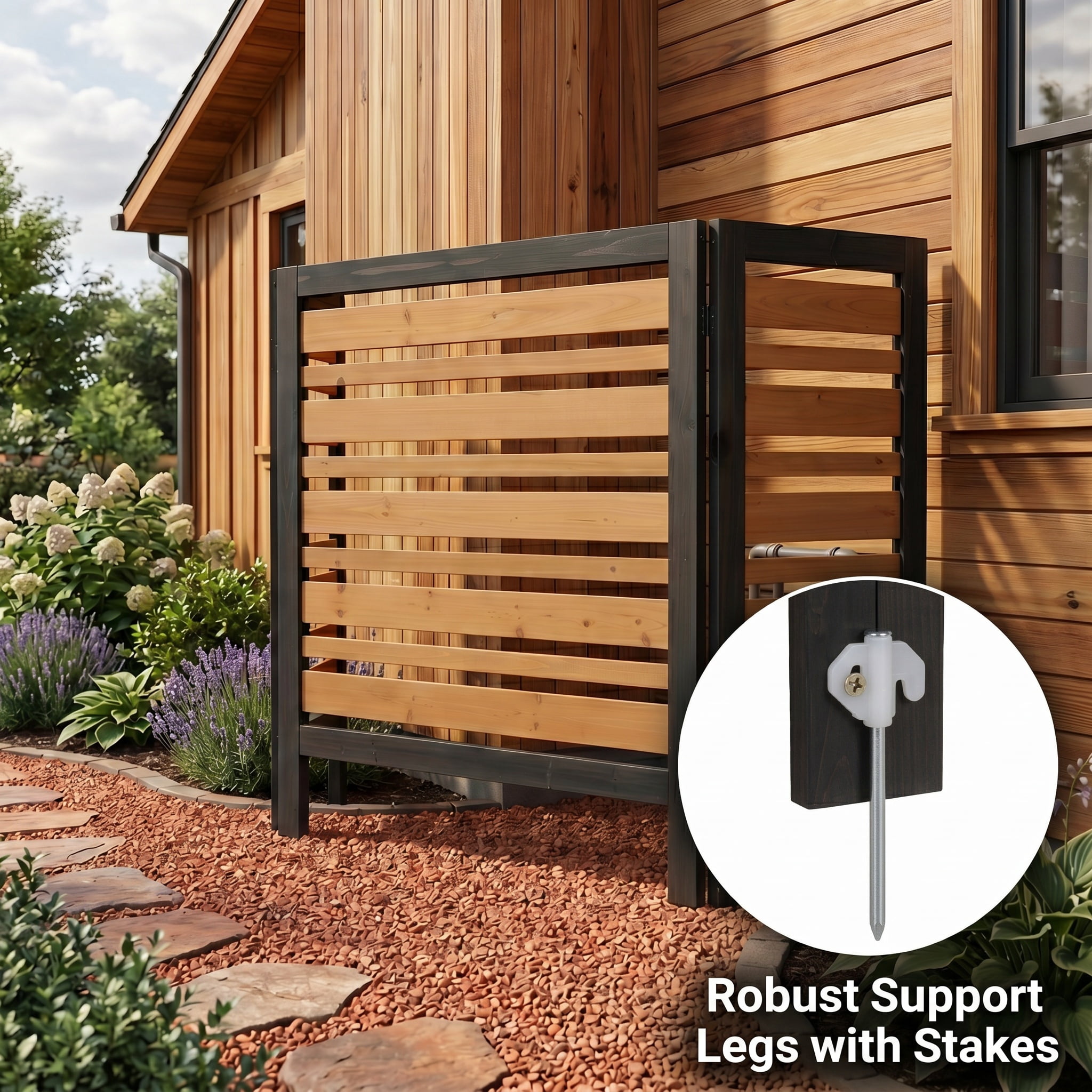 Outdoor Wood Privacy Fence 3-Panel 38W x 42H, Solid Wood Air Conditioner Screen with Slat Spacing for AC Unit Trash Can Pool Pump Enclosure, Black and Gold