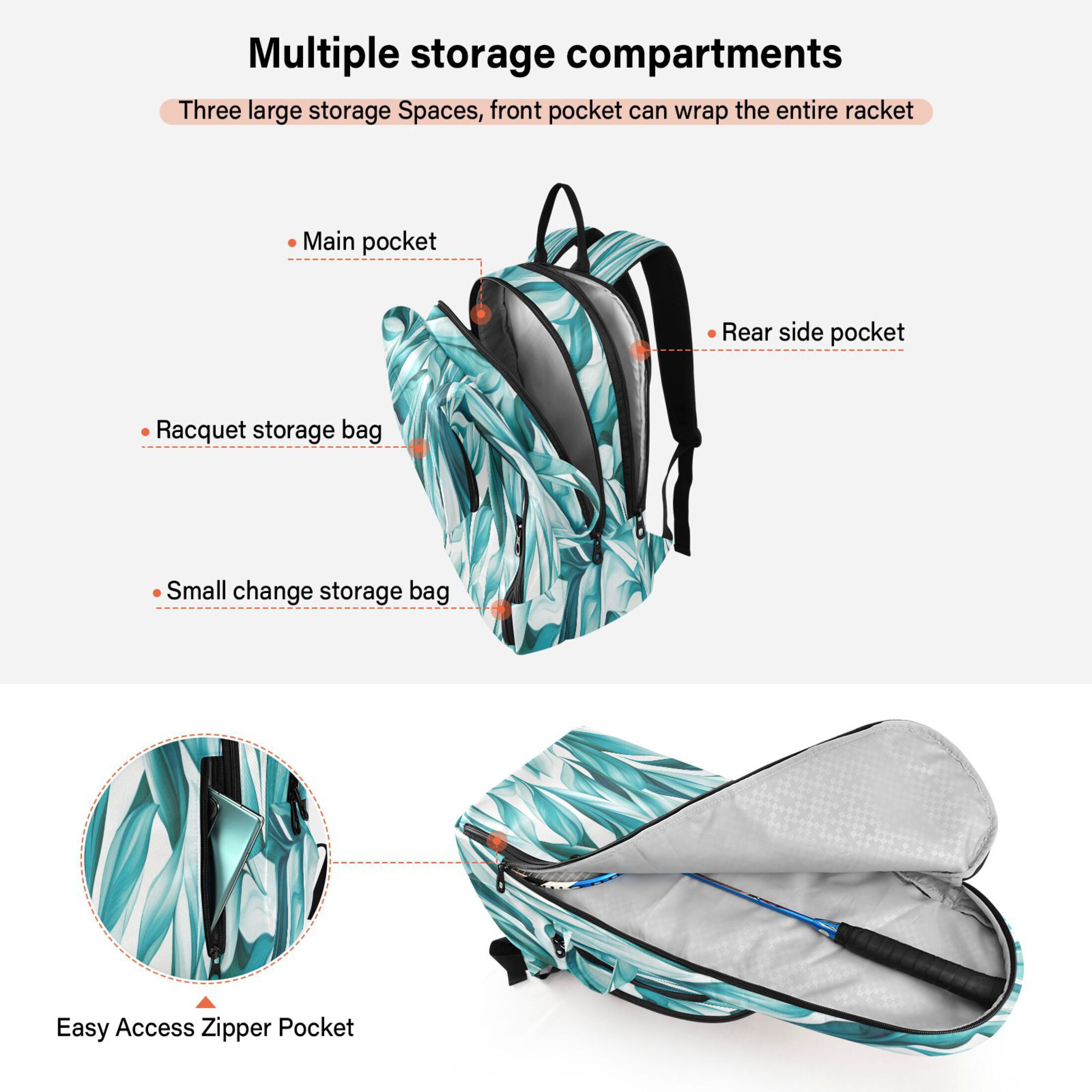 2 Racquet Holder Tennis Backpack Tennis Racket Covers Gym Bags Light Green Leaves