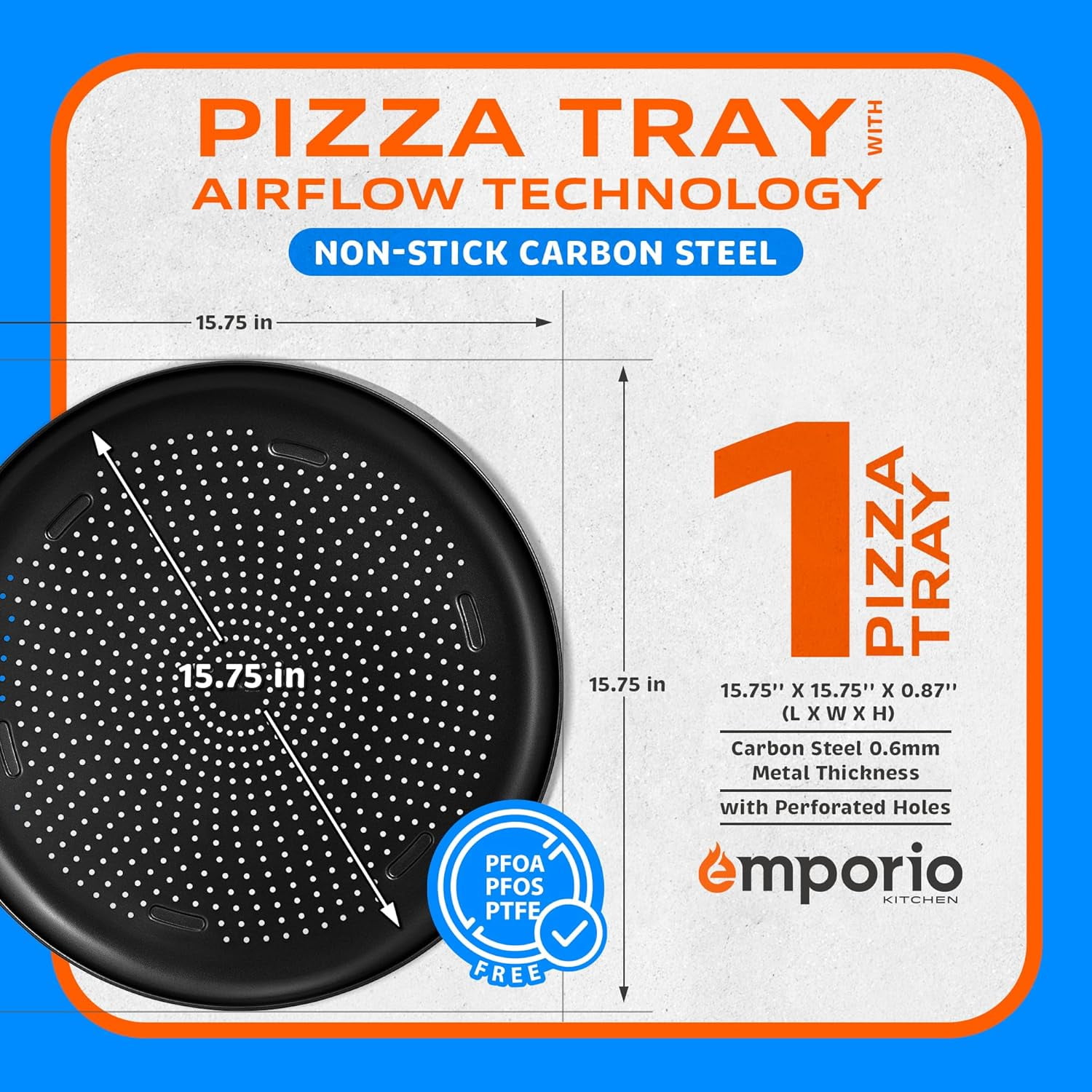 Emporio Kitchen Pizza Baking Pan - 15.75-Inch Round Perforated Carbon Steel Tray with Non-Stick Coating, Dishwasher Safe, Oven Safe (Up To 450° F), Airflow Design, Gray