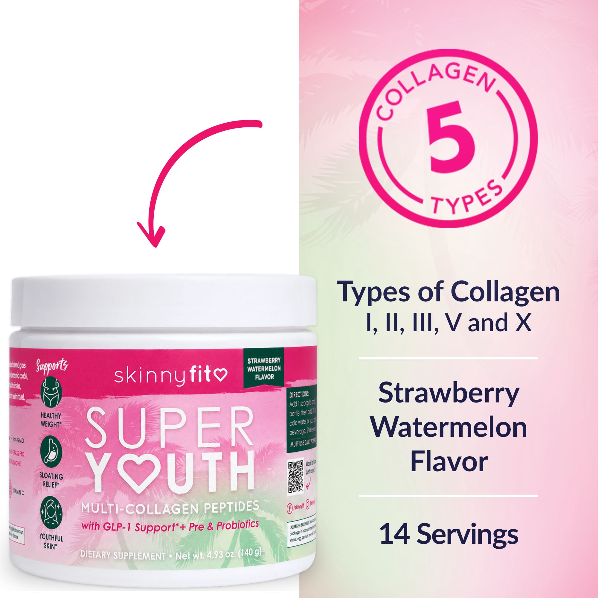 SkinnyFit Super Youth Multi-Collagen Peptides Powder for Skin & Joint Health, Strawberry Watermelon Flavor, 14 Servings