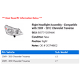 thumbnail image 2 of Right Headlight Assembly - Compatible with 2009 - 2012 Chevy Traverse 2010 2011, 2 of 2