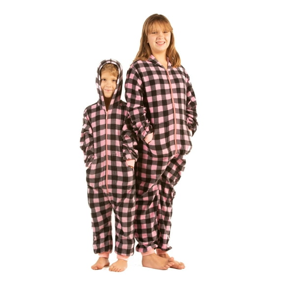 Hoodie Jumpsuit Pajama in Pink & Black Checkered Buffalo Plaid Fleece for Girl & Boys