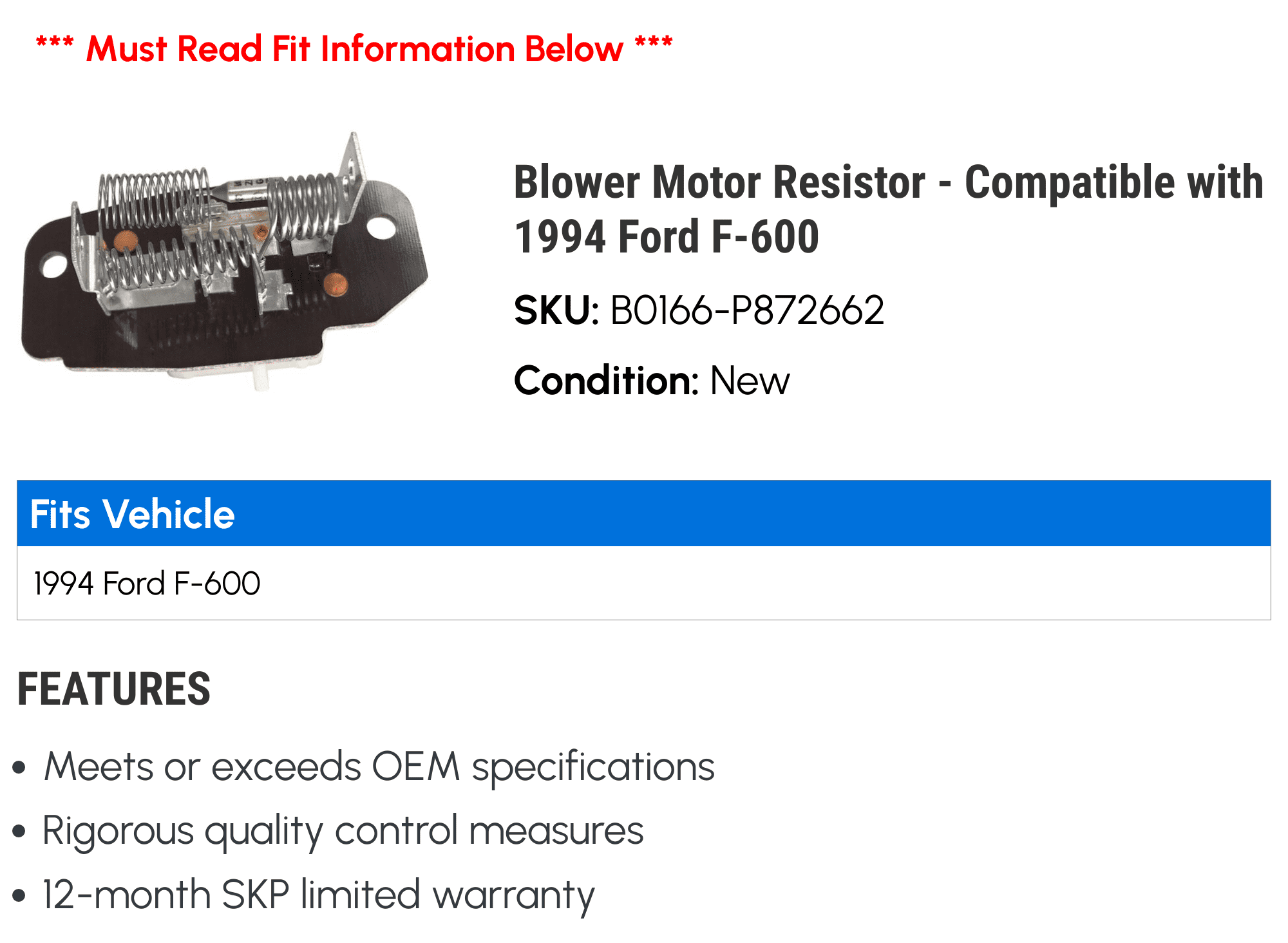 Blower Motor Resistor - Compatible with 1994 Ford F600