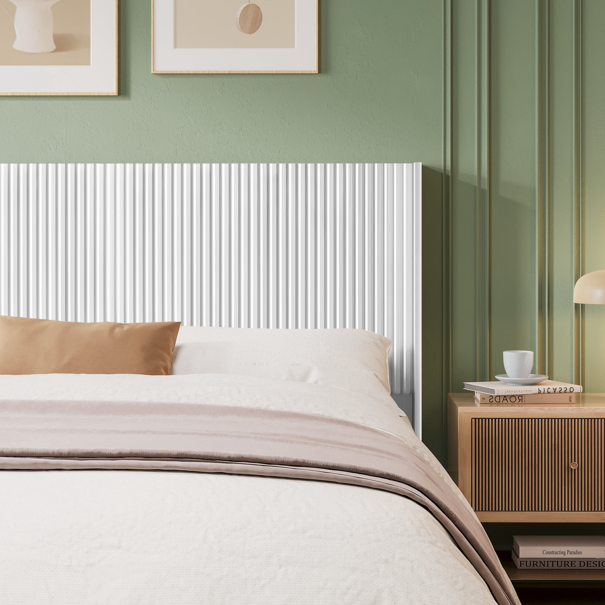 Huatean Home Wood Headboard, Queen Size, Modern Farmhouse, Wall Mounted Fluted Panel, Wingback Boho, White