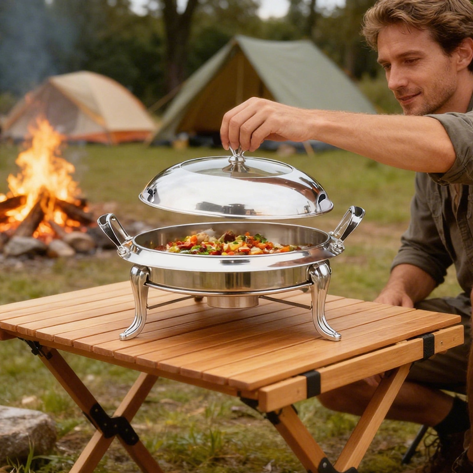 Stainless Steel Round Chafing Dish Buffet Warmer With Lid And Fuel Holder For Catering Events Kitchen Party Dining