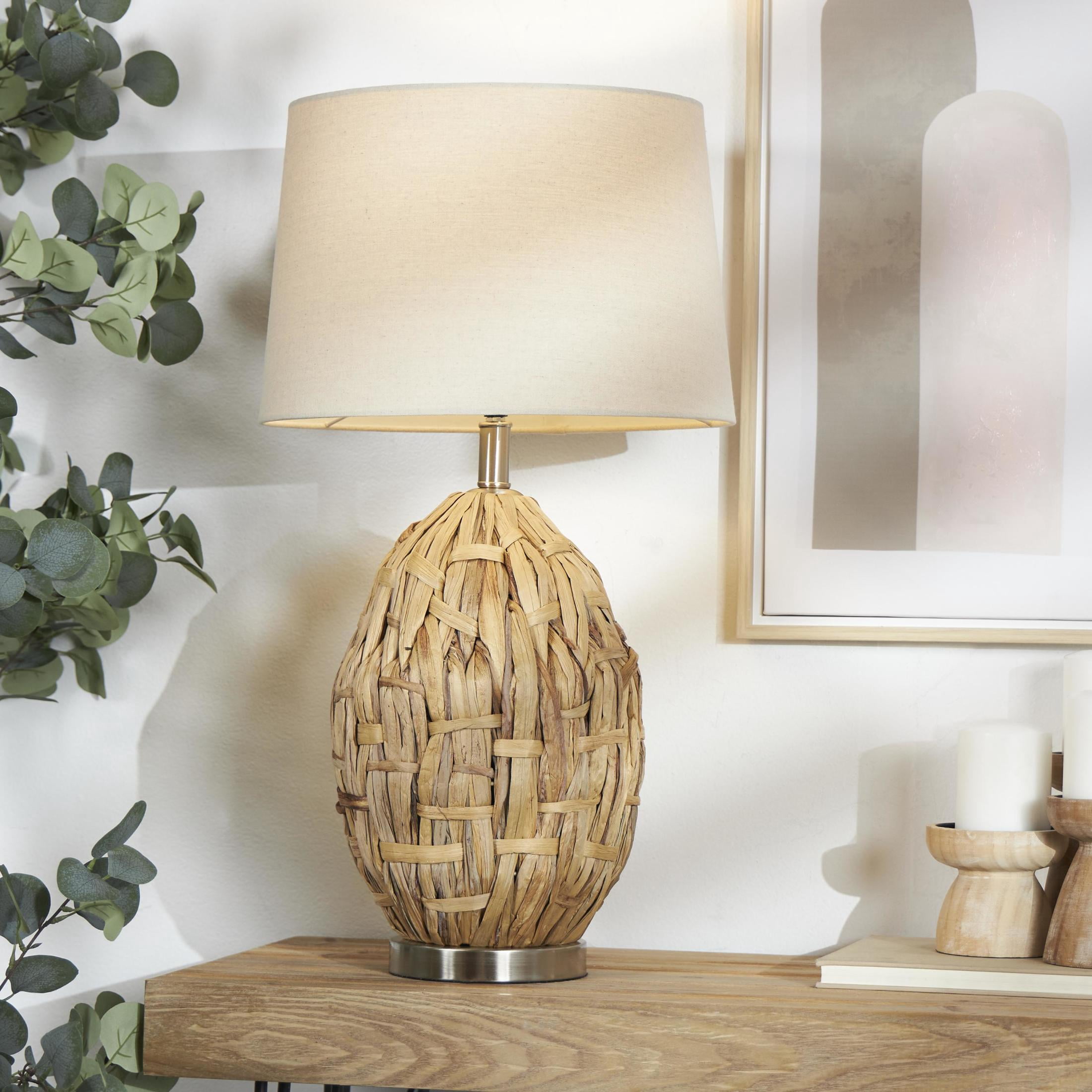 DecMode 27" Handmade Woven Brown Table Lamp with Cream Fabric Shade