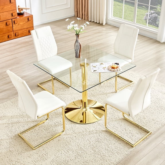 ExtraLco 5 Piece Glass Dining Table Set for 4, Tempered Glass Kitchen Table with PU Leather Chairs and Gold Metal Frame for Dining Room