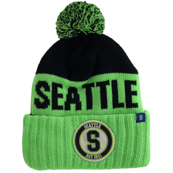 Seattle S Patch Ribbed Cuff Knit Winter Hat Pom Beanie (Green/Navy)