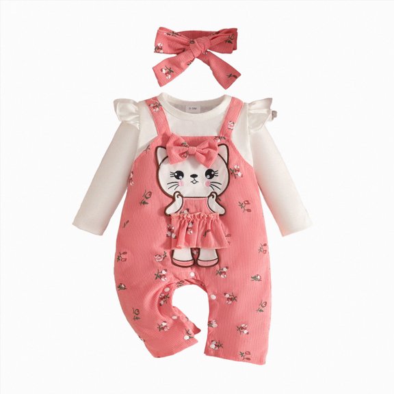 Cdudpw Girls Romper Baby Girl Clothes Winter Outfit Long Sleeve Romper Newborn Fall Suspender Pant Set with Headband(Z161-Pink)
