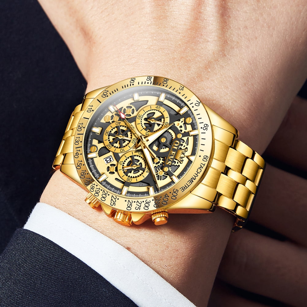 OLEVS Watches for Men Waterproof Luxury Dress Analog Quartz Chronograph Fashion Gold Plated Stainless Steel Luminous Date Classic Mens Wrist Watches Reloj Para Hombre Gold/White/Black Dial