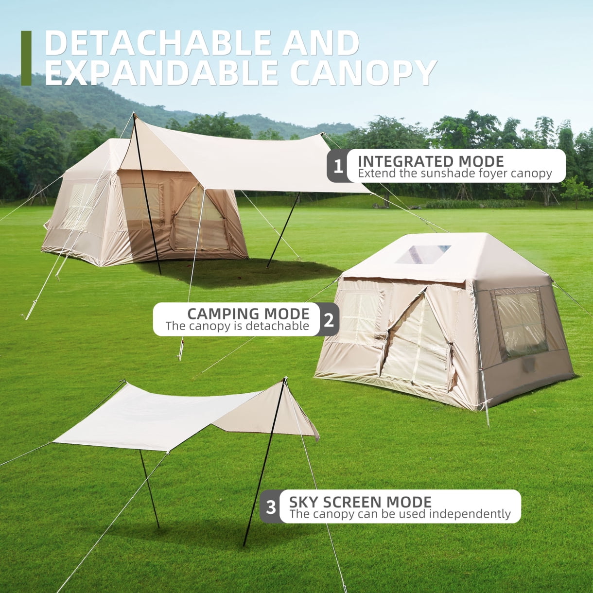 5.72 M² Inflatable Camping Tent with Canopy 4 Season Windproof Outdoor Tent for Adults Easy Setup with Stove Jack Mesh Windows and Pump for Family Glamping Adventures