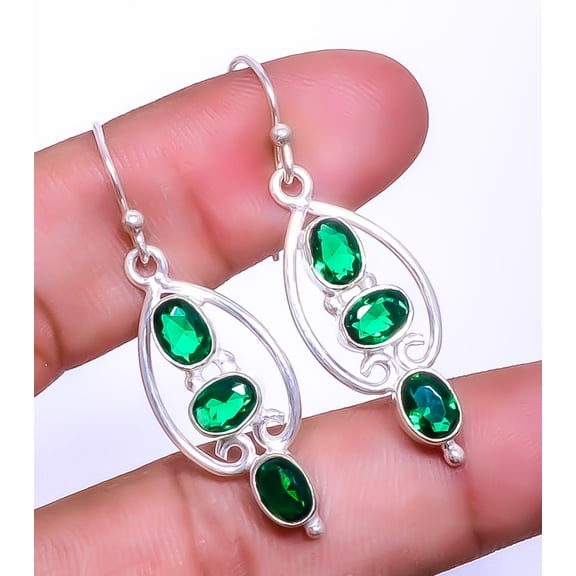 Emerald Quartz (Simulated) 925 Sterling Silver Handmade Earring 1.76" E7962-14