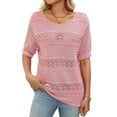 thumbnail image 3 of Womens Short Sleeve Sweaters Summer Round Neck Pullover Sweater Crochet Tops Pink S, 3 of 9