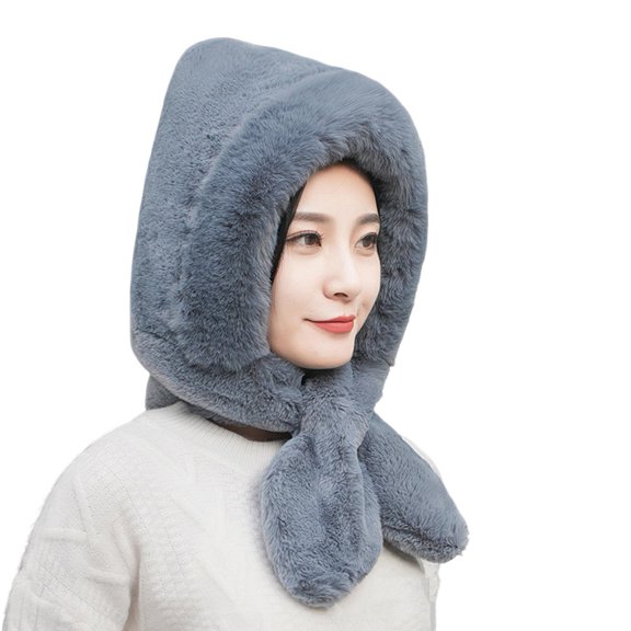 comerut Women Winter Hat with Integrated Scarf Thick Warm Faux Rabbit Fur Solid Color Full Protection Outdoor Cycling Travel Cold Weather Cap